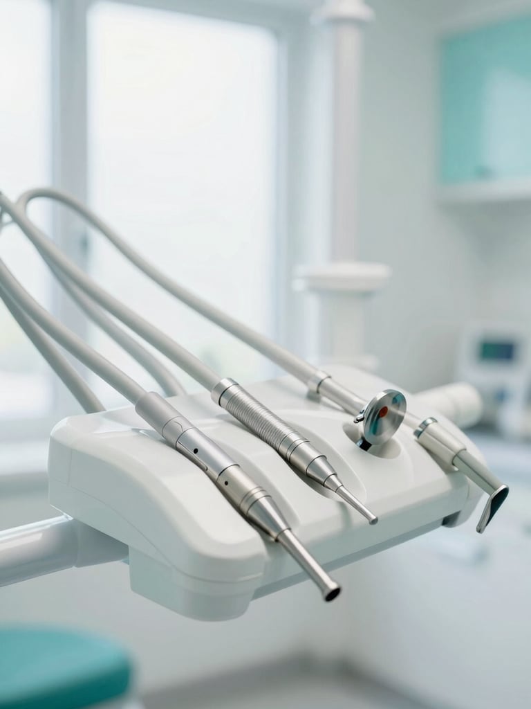 Close-up of state-of-the-art sterilized dental equipment in a pristine modern clinic, soft teal accents, bright natural window light, professional depth of field.