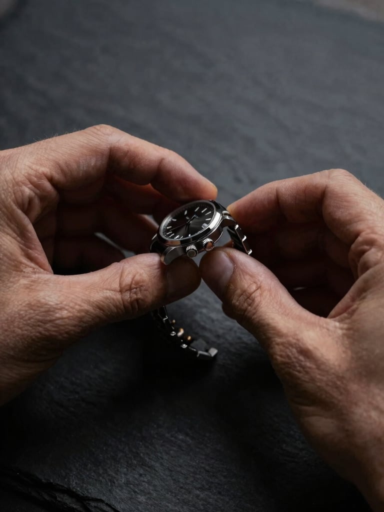 Hands carefully adjusting the crown of a classic watch, moody side-lighting, dark slate background.