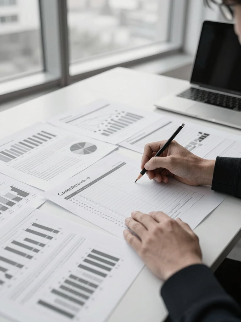 Wide environmental shot of a modern working office, overhead view of a desk covered in printed financial models and annotated strategy documents, neutral daylight from tall windows, two hands reaching into frame marking up a spreadsheet with a pencil, high contrast monochrome workspace detail