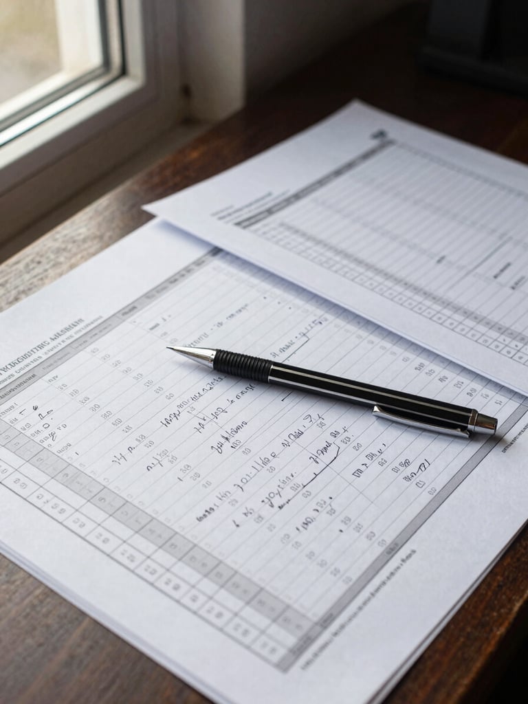 Overhead tight shot of a financial model spreadsheet on a desk, printed pages with handwritten annotations, a mechanical pencil resting across columns of figures, neutral daylight from a window to the left