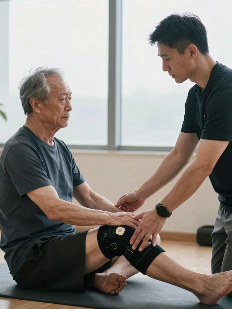 Medium shot of a coach demonstrating a seated stretching exercise to an older man with a joint brace on his knee, hands guiding the movement carefully, soft studio window light, clean consultation room background, documentary framing