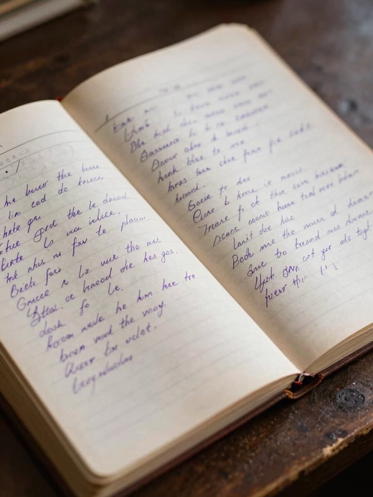 Gros plan sur un vieux cahier d'écolier ouvert, écriture cursive appliquée à l'encre violette sur des pages jaunies, lumière naturelle rasante.