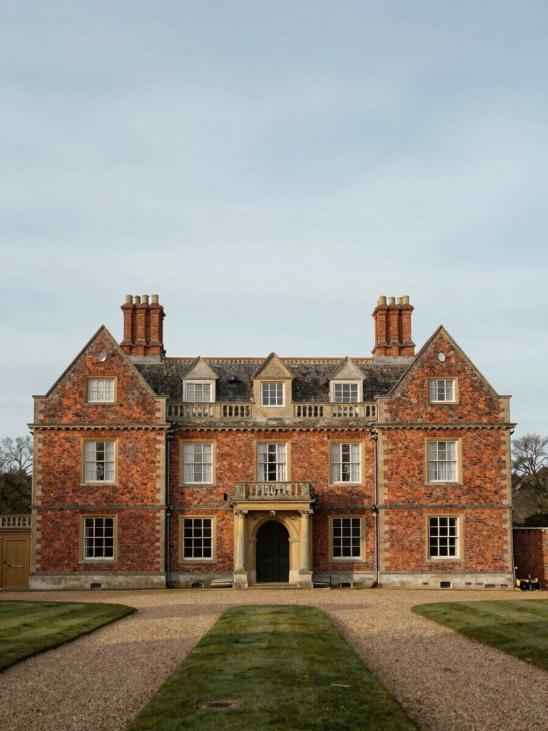 Straight-on architectural elevation of a Georgian brick manor house, soft diffused morning daylight, symmetry, negative space in sky, honest perspective.