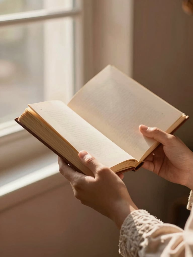 A close-up of hands holding an open book with thick, warm-toned paper, soft morning light filtering through a window, linen sleeve visible, calm and peaceful atmosphere