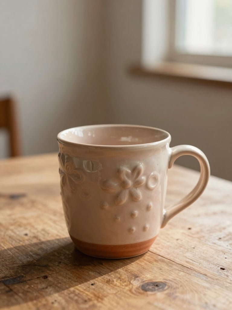 Close-up detail of a hand-pressed ceramic mug on a rustic wooden table, soft shadows, warm natural light, quiet domestic corner