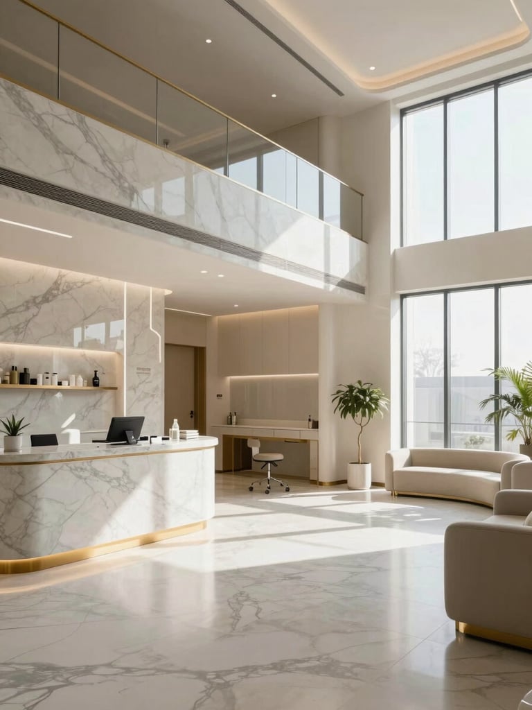 Soft, natural daylight illuminating a modern, empty luxury clinic interior with marble surfaces and brass accents, wide architectural angle.