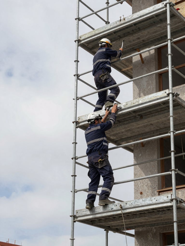 Wide panoramic job site in Valladolid, two workers in navy company uniforms ascending steel scaffolding on a residential building exterior, one worker gripping a pipe wrench mid-task, overcast natural daylight eliminating harsh shadows, building facade filling the right two-thirds of the frame, open sky to the left