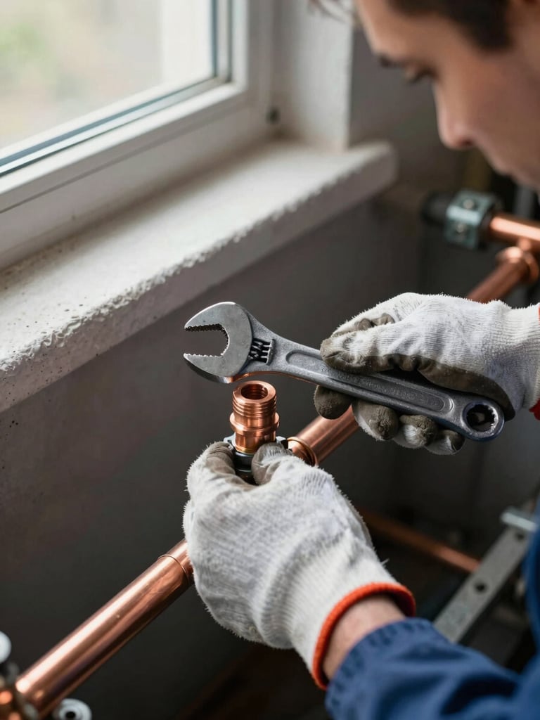 Close-up documentary frame of a worker's gloved hands tightening a copper pipe joint with a wrench inside a building utility shaft, natural daylight from a nearby window, visible pipe fittings and installation hardware in context, no posed elements