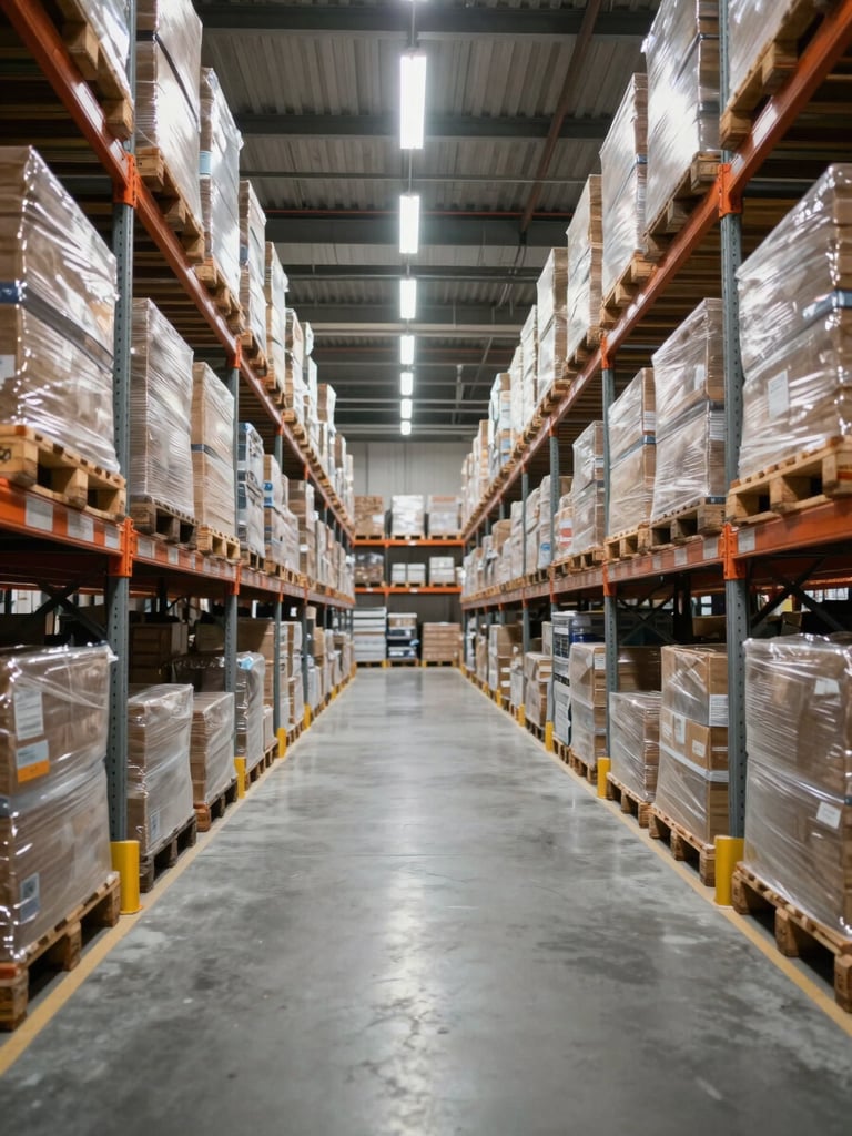 Wide warehouse interior at midday, tall shelving rows receding into depth under industrial fluorescent lights, palletized cargo stacked with visible organization, clean concrete floor with marked lanes, no people