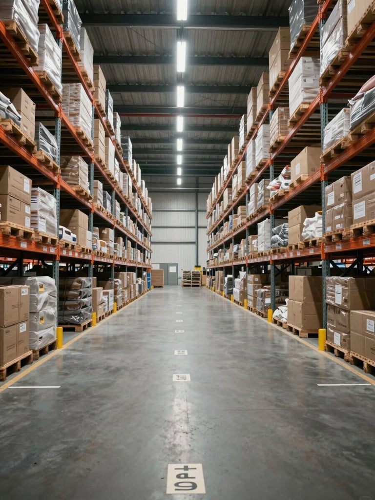 Wide interior shot of a large logistics warehouse with clear sight lines, organised pallet racks receding to the far wall under industrial fluorescent lighting, no workers, high ceilings visible, floor markings and aisle labels in sharp focus