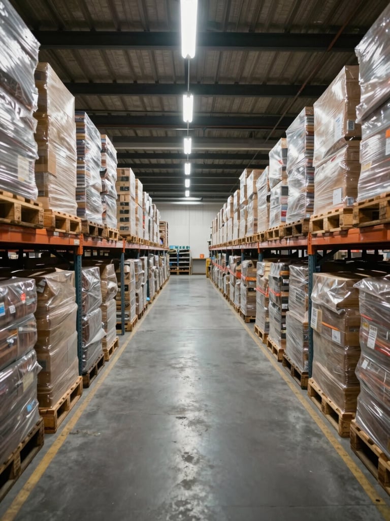 Wide-angle warehouse interior with clear sight lines, uniformly stacked pallets under industrial fluorescent lighting, organized cargo bays receding into the distance, overhead perspective showing precise grid arrangement of goods