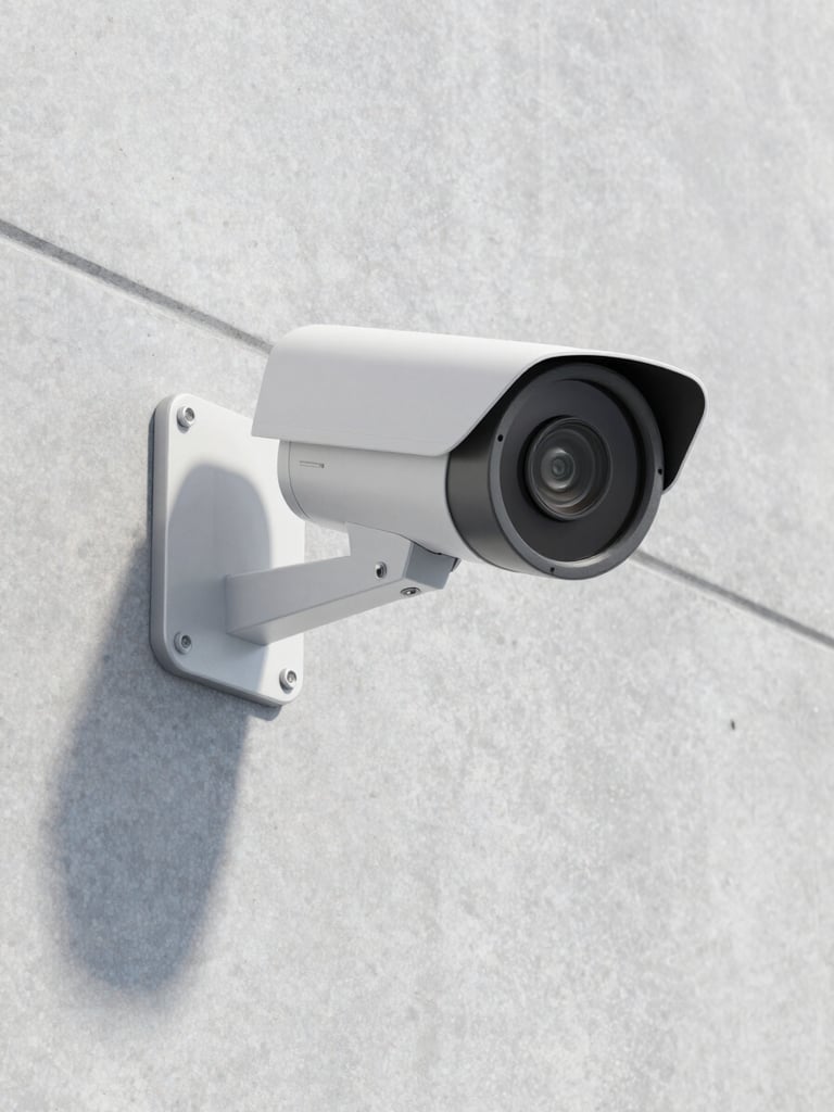 Sleek modern security camera mounted on a clean concrete wall, sharp focus, technical lighting, cool corporate tones.