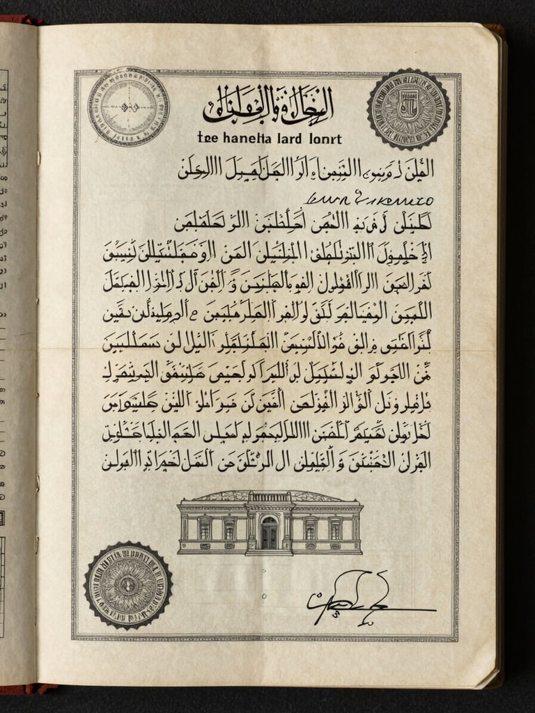 A vertical portrait of authentic, aged land registry documents in Beirut, featuring elegant Arabic calligraphy, official ink stamps, and detailed architectural blueprints under soft morning light.