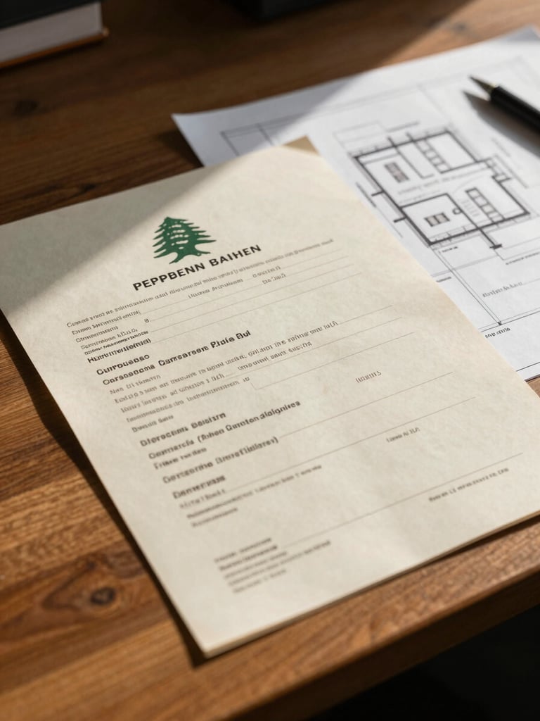Macro detail shot of official Lebanese property registry document and architectural blueprint on a heavy wooden desk, warm side lighting casting deep shadows.
