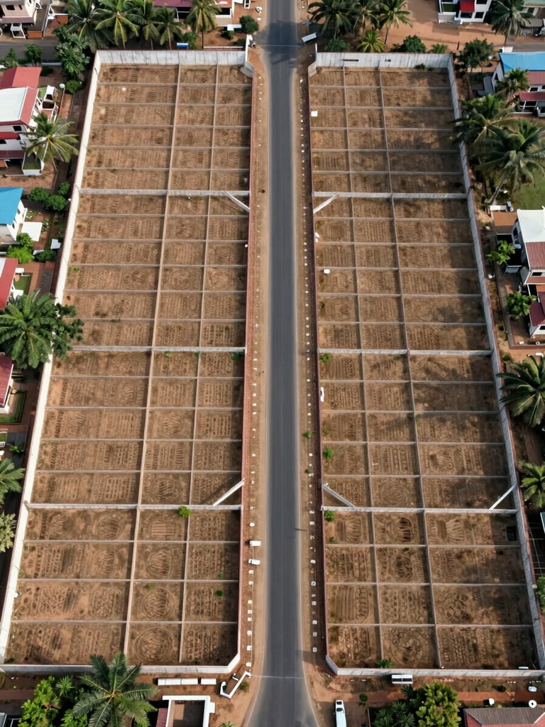 Overhead drone view of a demarcated villa plot layout in Sulur, Coimbatore — clearly marked plot boundaries, a paved black-top internal road running through the centre, and compound wall visible at the perimeter, shot in bright neutral daylight to show the full sanctioned layout grid
