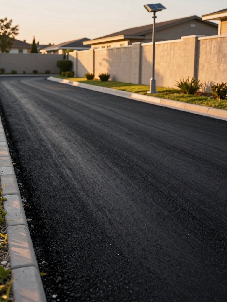 Close-up of freshly laid black-top asphalt road inside a gated plot community at golden hour — solar street light pole visible to the right, compound wall edge in the background, road surface sharp and clearly finished, warm directional light from the west