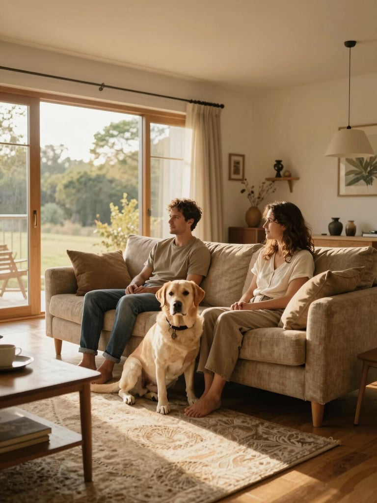Wide environmental interior shot, golden afternoon window light flooding a living room, a family — couple in their thirties — seated on a worn linen sofa, their calm labrador resting between them, genuine relaxed expressions, warm sand and wood tones, shot from across the room showing the full space