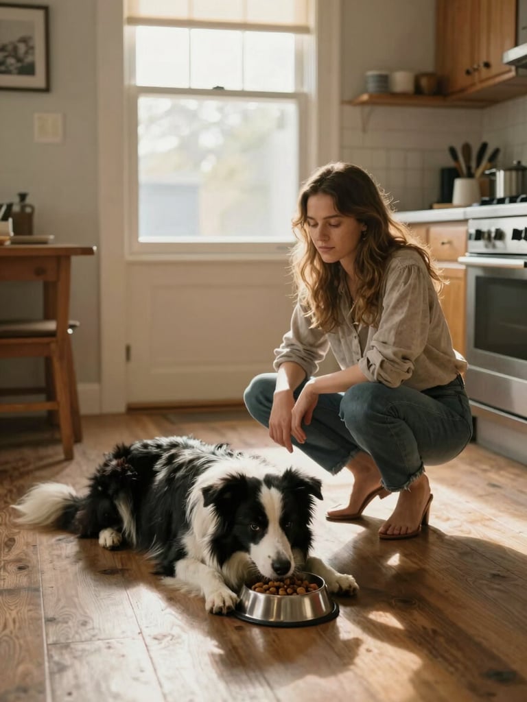 Environmental wide shot of a woman crouching on a sunlit kitchen floor, her Border Collie lying still beside her food bowl, warm late-afternoon window light, genuine calm expression, lived-in home background, documentary framing
