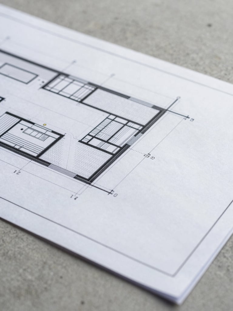 Crisp macro photograph of a detailed architectural blueprint showing structural junctions and thermal envelope details, laid over a desaturated concrete background.