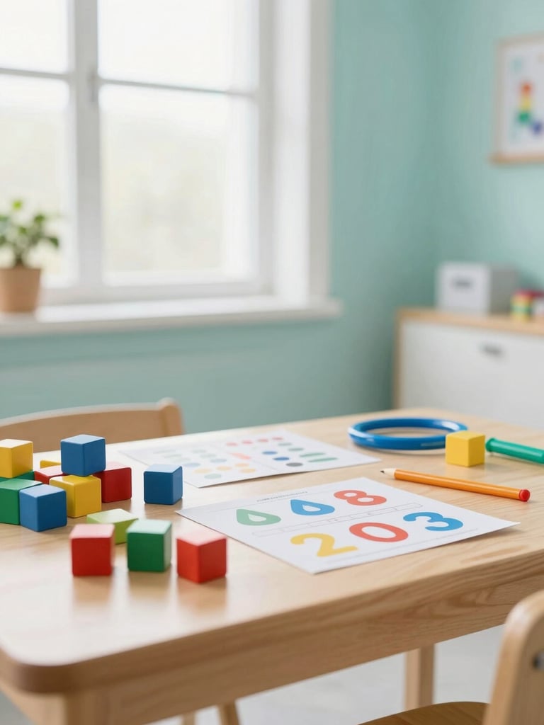 A bright, welcoming child-friendly psychological assessment room with colorful educational blocks and standardized cognitive testing tools on a wooden table, soft natural window light, professional clinical photography