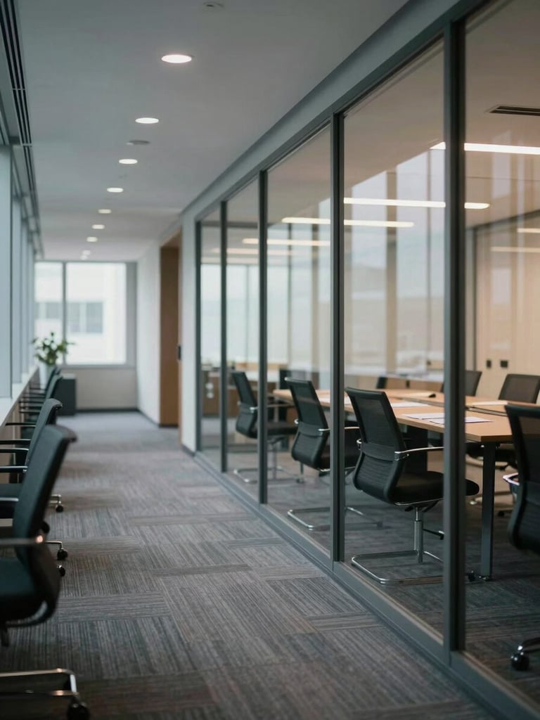 Environmental shot of a professional office corridor, empty chairs beside a glass-walled meeting room, documents visible on a table through the glass, diffuse indoor daylight from a row of windows on the left, architectural lines leading the eye inward, no people visible