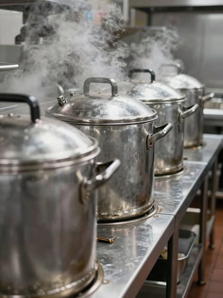 Industrial canteen kitchen setup showing a row of large-scale stainless steel steam cooking kettles and tilting boiling pans, clean technical composition, high-contrast reflections.
