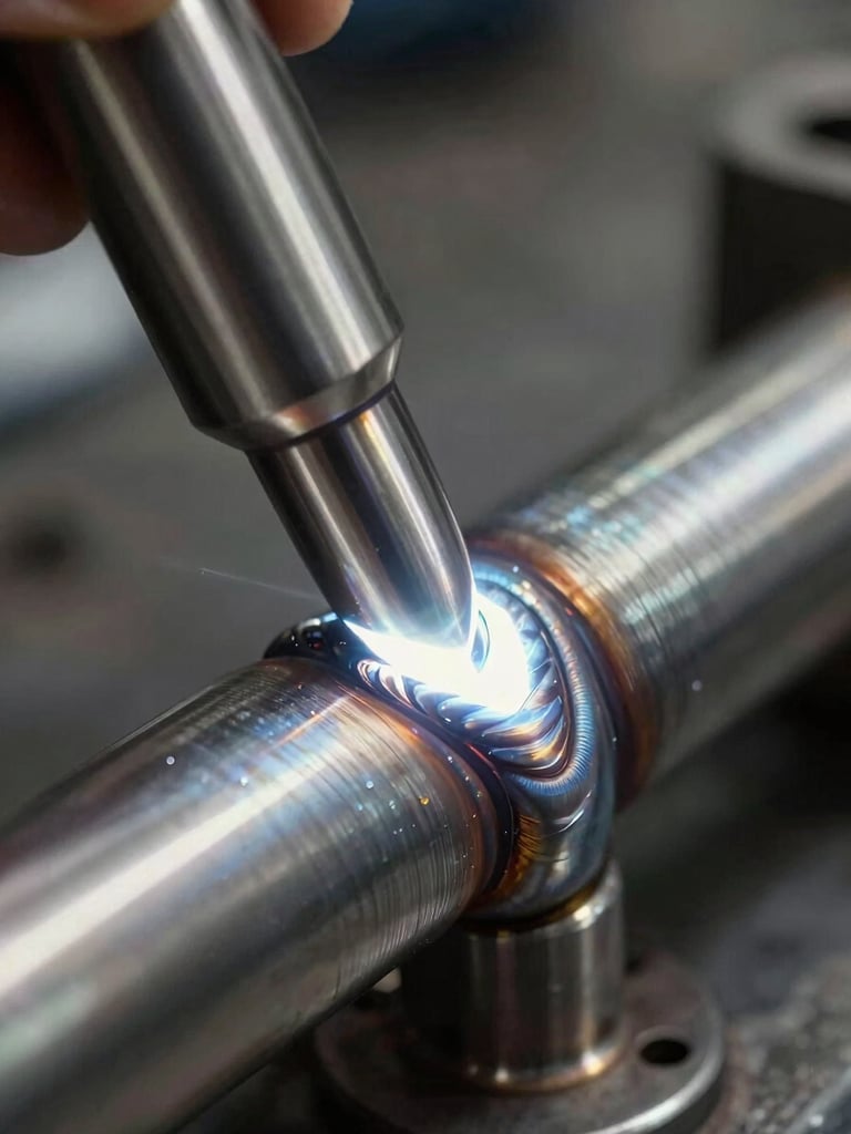 Close-up of pristine tungsten inert gas weld joint on 304-grade stainless steel, high-contrast industrial lighting reflecting off the metal.