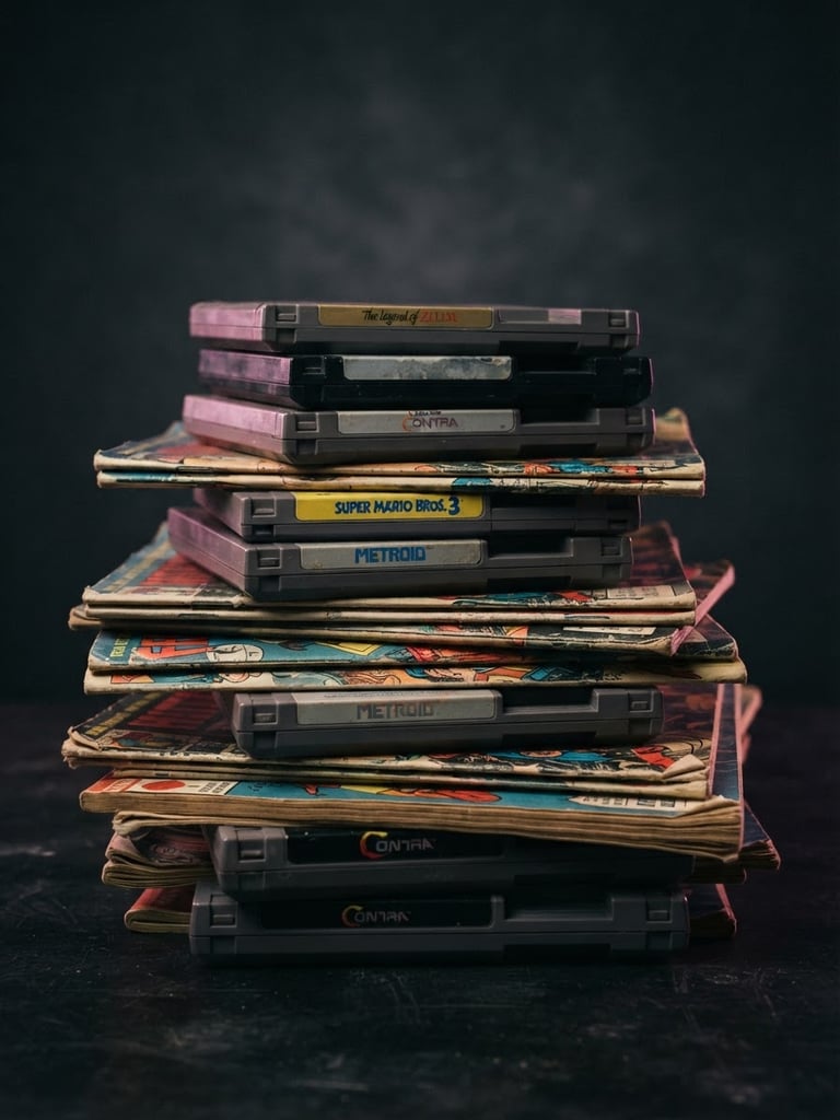 A curated stack of vintage game cartridges and retro comic books, illuminated by a subtle pink rim light on a dark charcoal background.