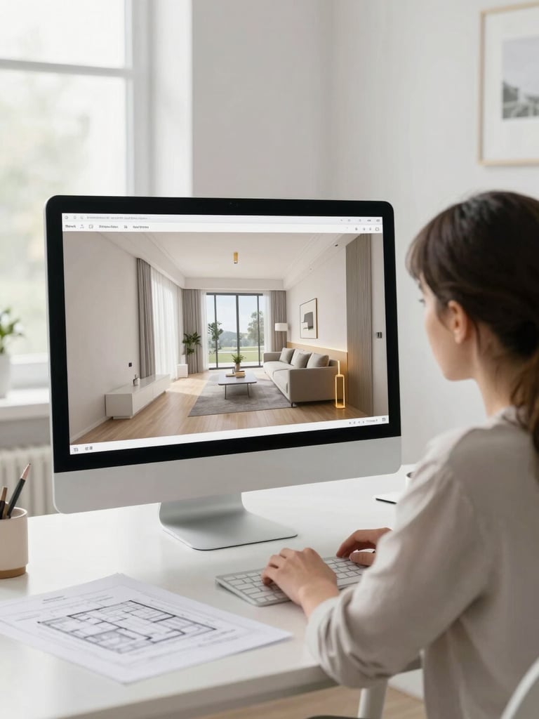 Architect in a minimalist studio reviewing a photorealistic 3D interior render on a large monitor, soft natural lighting, clean desk, architectural plans visible