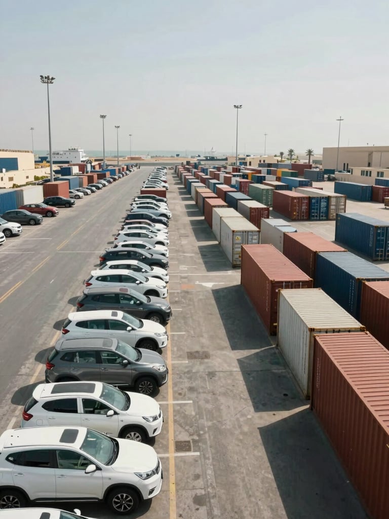 Wide-angle panoramic view of a UAE shipping yard at midday — rows of vehicles parked in organized lots to the left, stacked intermodal containers receding into the distance on the right, bright industrial daylight, documentary framing, no people