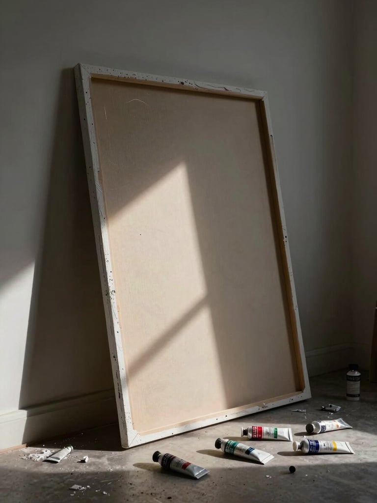 Low-key, high-contrast natural light hitting a half-finished canvas leaning against a studio wall, paint tubes scattered on the floor.
