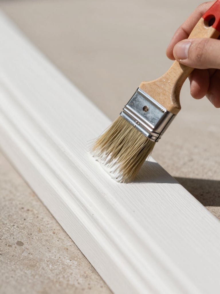 Extreme close-up of a perfectly straight paint line meeting crisp white wood trim, a painter's hand visible holding a precision brush under bright natural daylight.