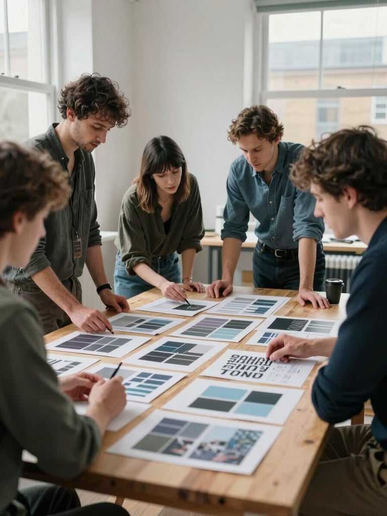 A medium-wide shot of a UK creative team collaborating around a timber table in a bright, overcast London studio, reviewing print layouts, natural soft shadows, cool undertones.