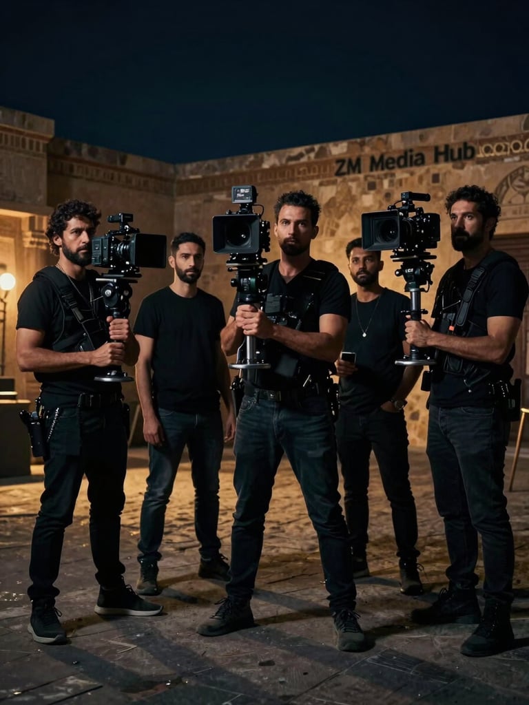 A professional, high-contrast portrait of the ZM Media Hub production team on a cinematic set in Cairo, holding high-end camera rigs, low-key dramatic lighting with deep navy and amber tones.