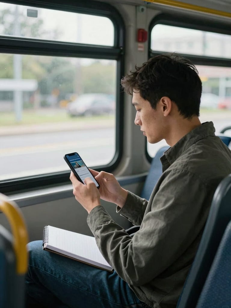 Wide environmental shot, adult commuter in their 30s looking at a smartphone screen showing an online course interface, seated on a city bus near a window, natural daylight from the window, notebook resting on lap, candid and unposed