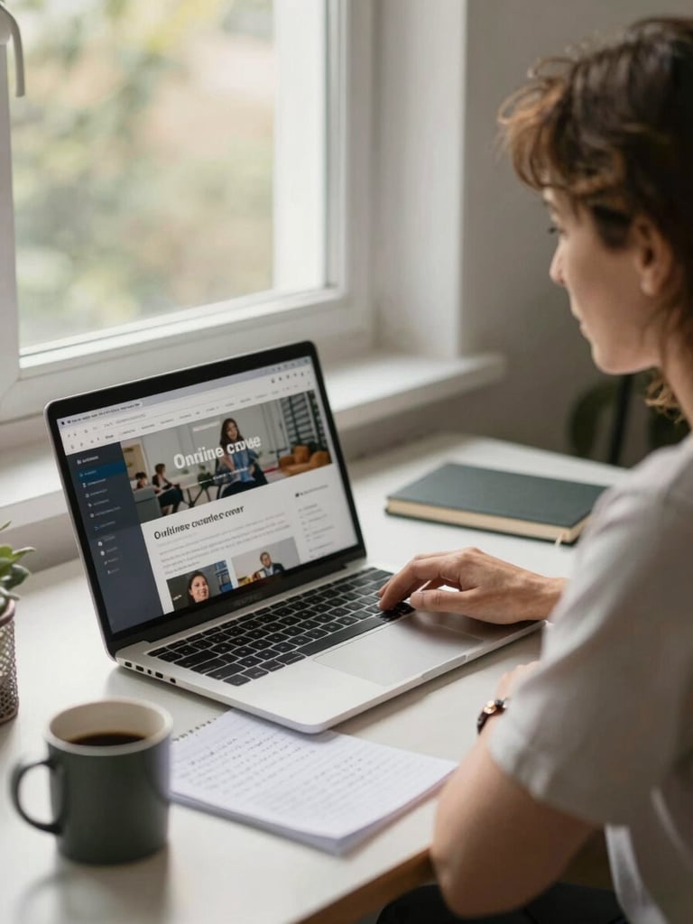 Close environmental shot, adult woman in her 40s sitting at a home desk near a window with natural afternoon light, laptop open showing an online course page, handwritten notes beside it, coffee mug in frame, candid and unposed, real domestic setting