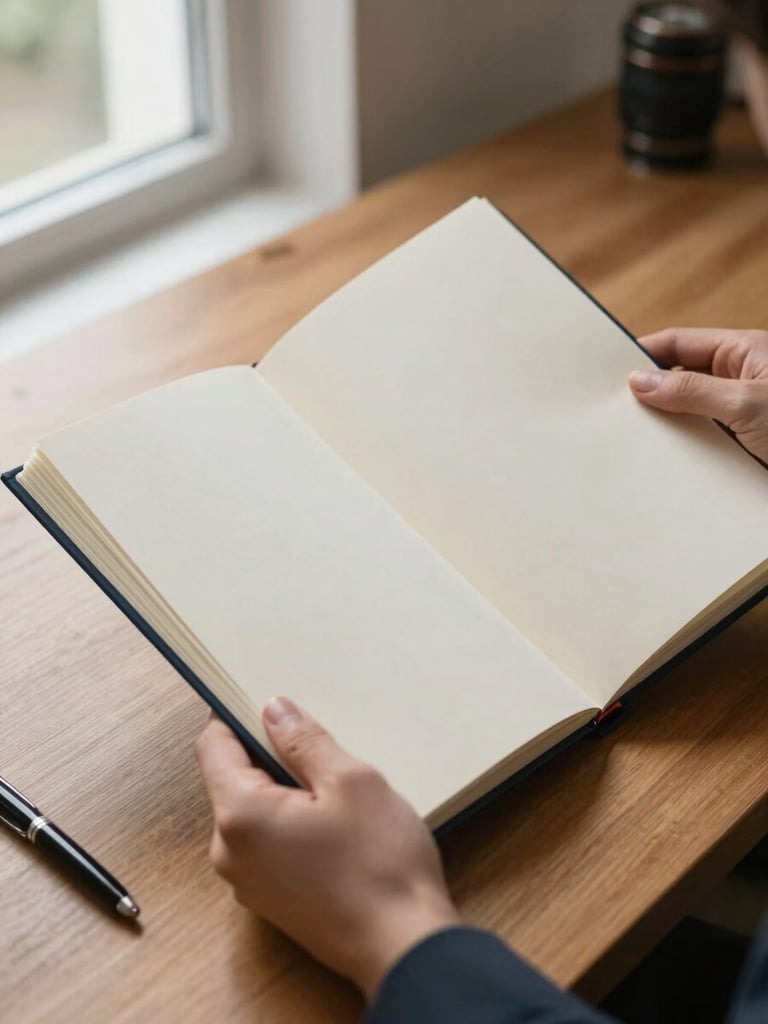 Close-up of hands holding an open diploma certificate on a wooden desk, natural window light from the left, crisp paper texture visible, a pen resting beside it