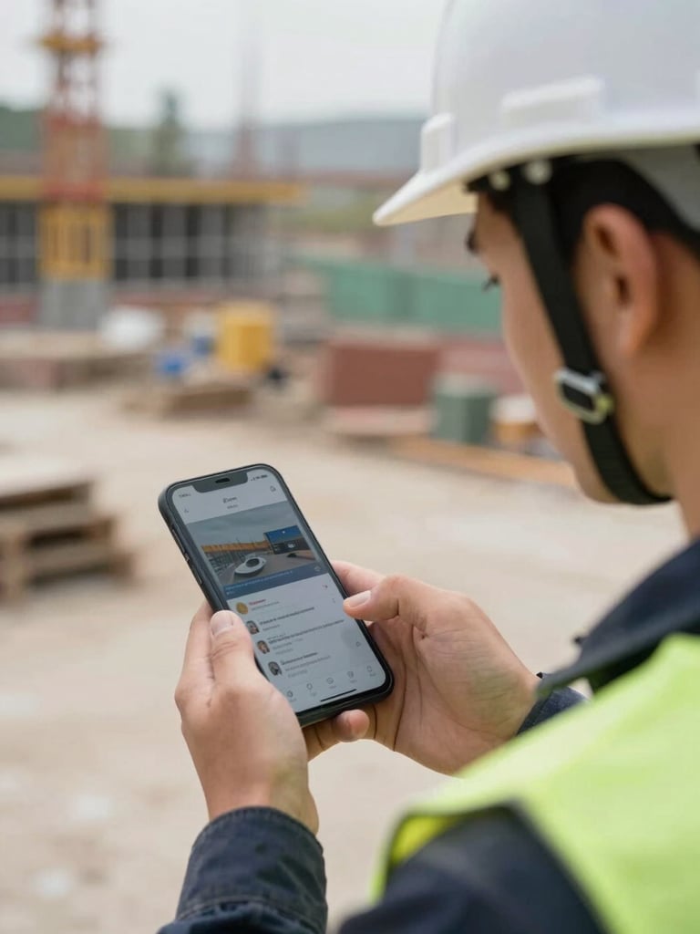 Close environmental shot of an adult worker in a hard-hat glancing at a smartphone screen showing a course module, construction site background with natural outdoor ambient light, hands and device in sharp focus, context filling the frame