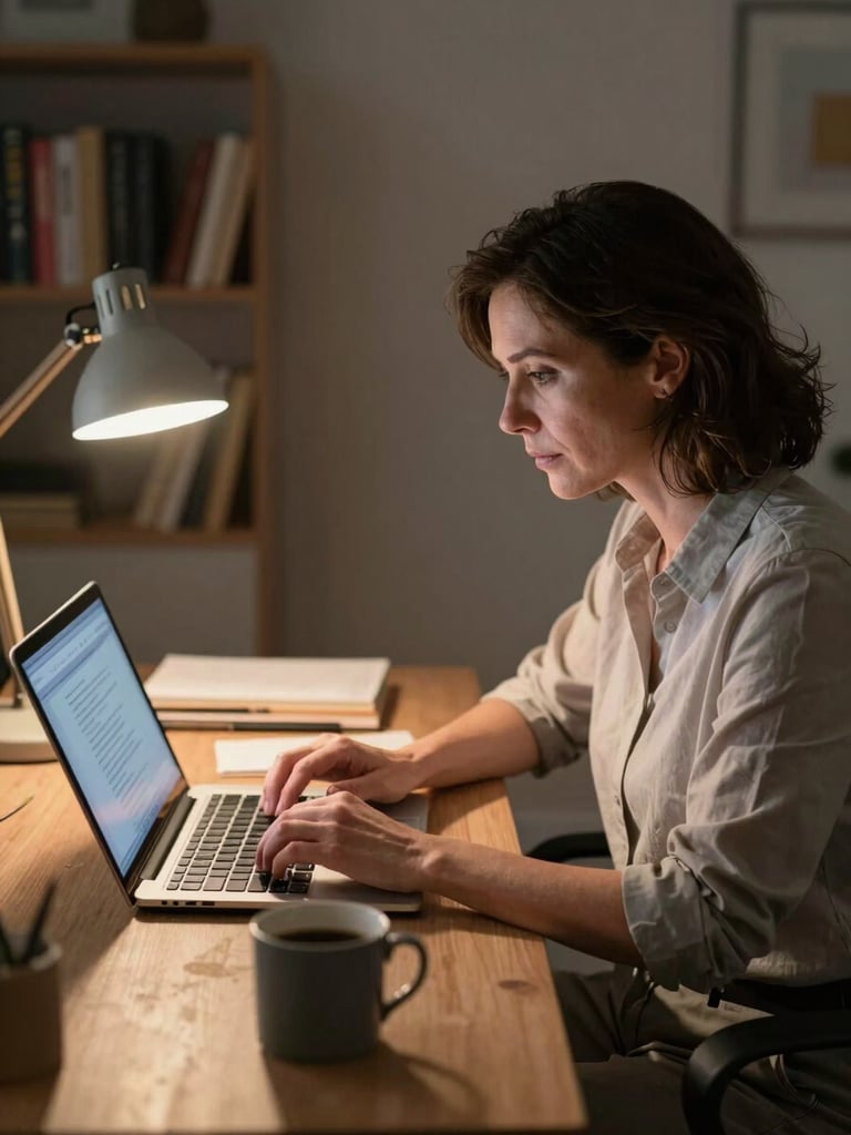 Wide environmental shot of a mid-career adult woman in her home office at night, laptop open showing coursework on screen, warm desk lamp casting natural light on her focused expression, coffee mug beside keyboard, bookshelves in background slightly out of focus