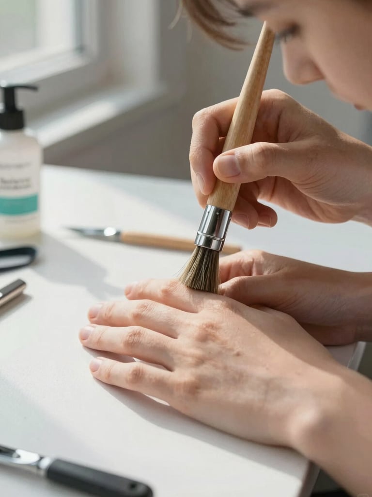 Extreme close-up, left-bleed frame: a technician's hands guiding a student's grip on a nail brush over a practice hand, tools and product laid out on a clean white work surface beside them, natural window light raking across the hands from the left, sharp focus on fingertips and brush bristles, no faces