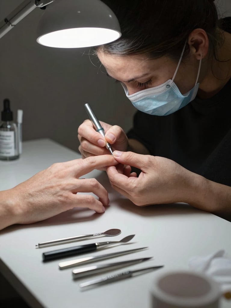 Medium shot of a nail technician's hands at work — applying product to a client's nail under a focused studio light, tools laid out in an orderly row on the work surface beside the hand, clean and precise workspace context