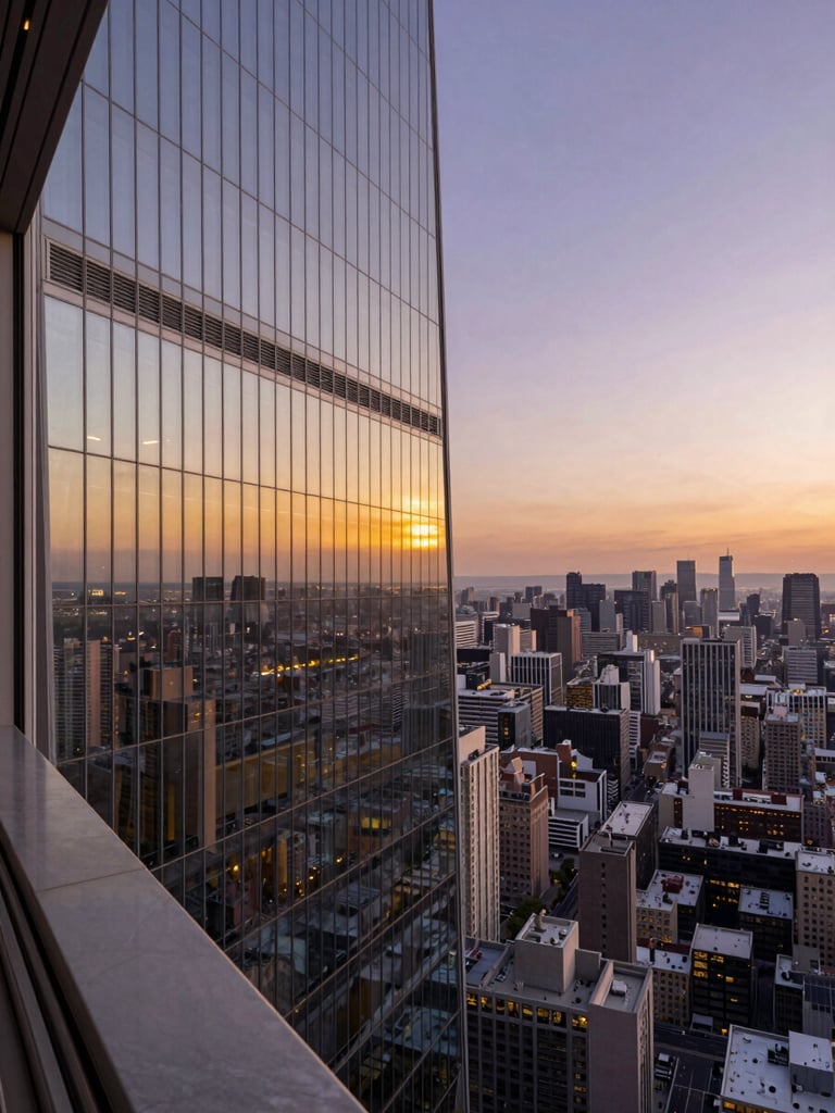 Wide panoramic view from the 30th floor of a glass tower at dusk, city grid receding into amber and violet horizon to the right, interior edge of a marble window ledge visible in the extreme left foreground, telephoto compression flattening the skyline into a calm geometric band, ambient golden light on the glass surface
