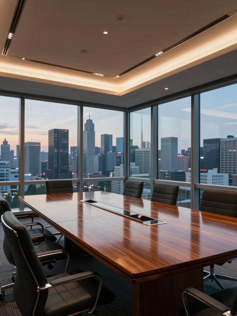 Wide-angle view of an empty glass-walled executive conference room from a seated position, long mahogany table reflecting ambient ceiling light, city skyline visible through floor-to-ceiling windows at dusk, no people, serene and architectural