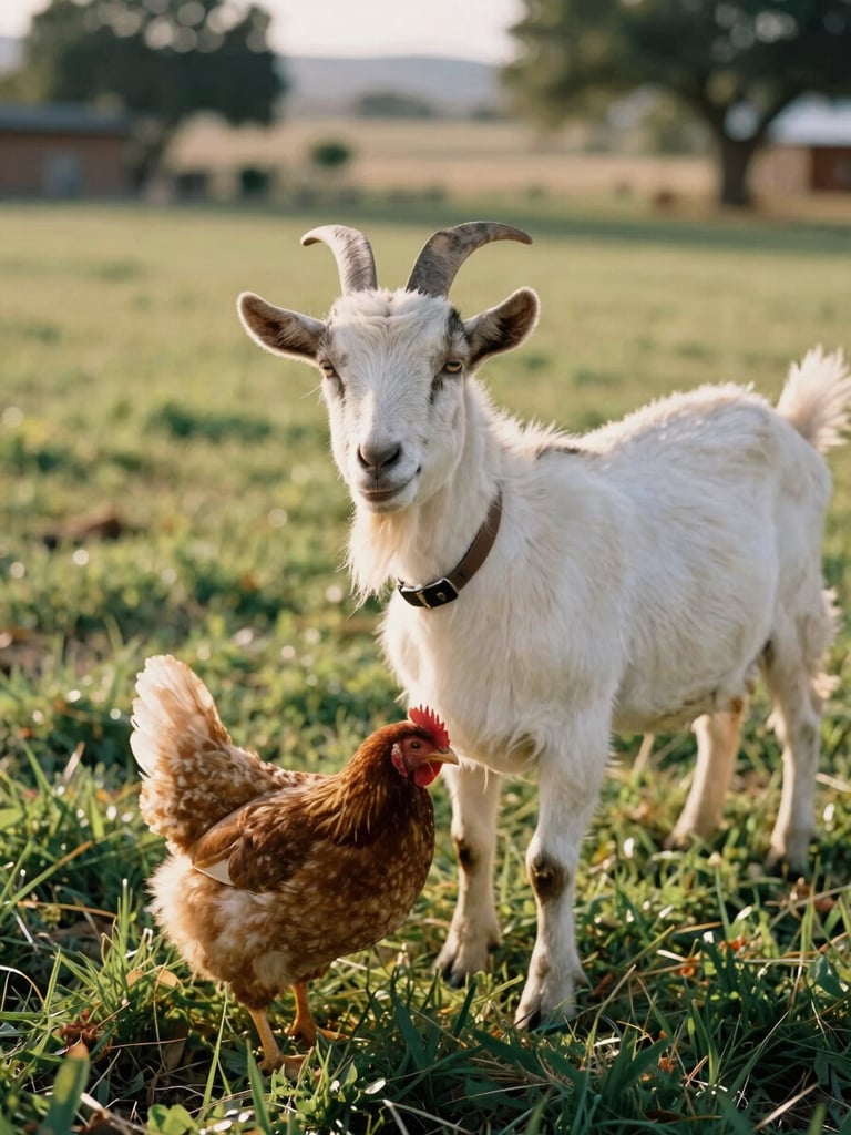 Candid portrait of a rescued goat and a chicken sharing a sunny patch of grass at the Santa Clarita ranch, warm natural light, shallow depth of field, 35mm film.