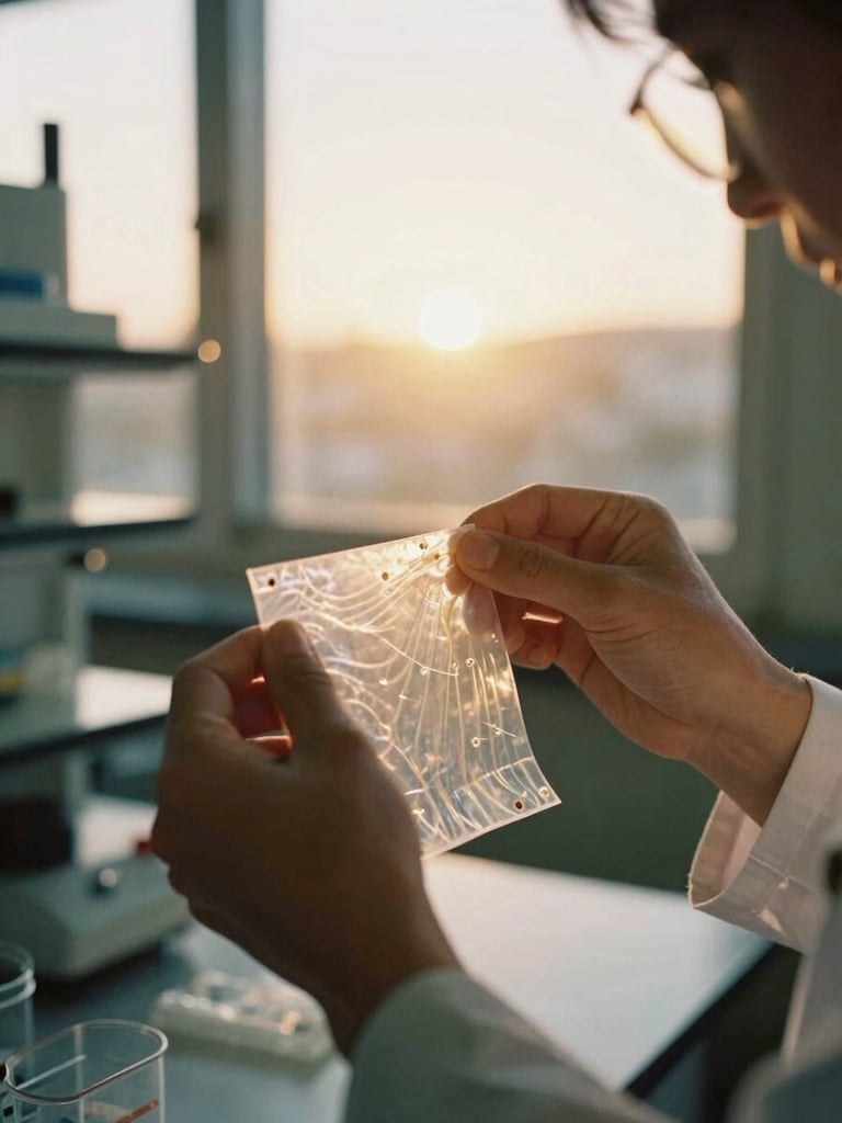 A close-up of a researcher's hands carefully adjusting a delicate, translucent protective membrane in a warm, naturally lit laboratory setting, soft golden hour sunlight filtering through a window, 35mm film style.