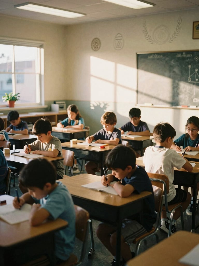 Wide shot of children engaged in a classroom activity in a bright, modern school, with subtle spiritual symbols in the background, warm natural light.