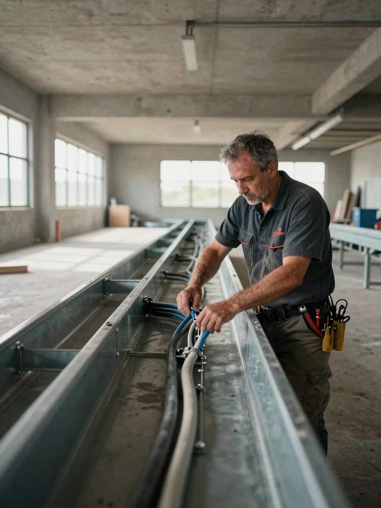 Wide environmental interior shot — an electrician's hands routing armored cables through a steel cable tray inside a large commercial building, concrete ceiling above, natural daylight from a distant window, work-site clarity, no glamour