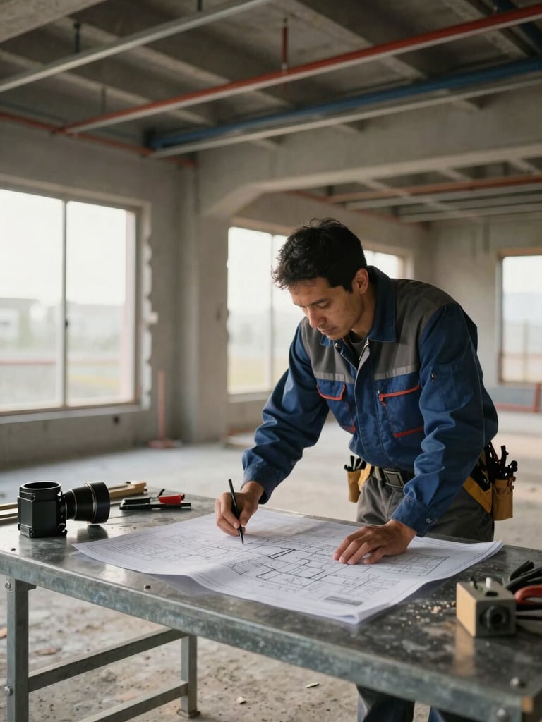 Wide shot of an electrician reviewing technical drawings spread on a steel worktable inside a building under construction, cable trays visible overhead, early-morning diffuse light through unfinished windows