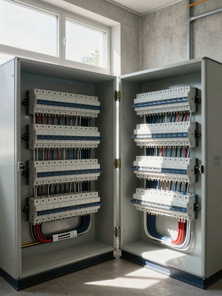 Wide interior view of a completed electrical panel installation in a Lithuanian commercial building — rows of labeled circuit breakers and cable trays fixed to a concrete wall, natural daylight from a high window raking across the steel conduits, cables neatly bundled and tagged, the room empty and ready for handover