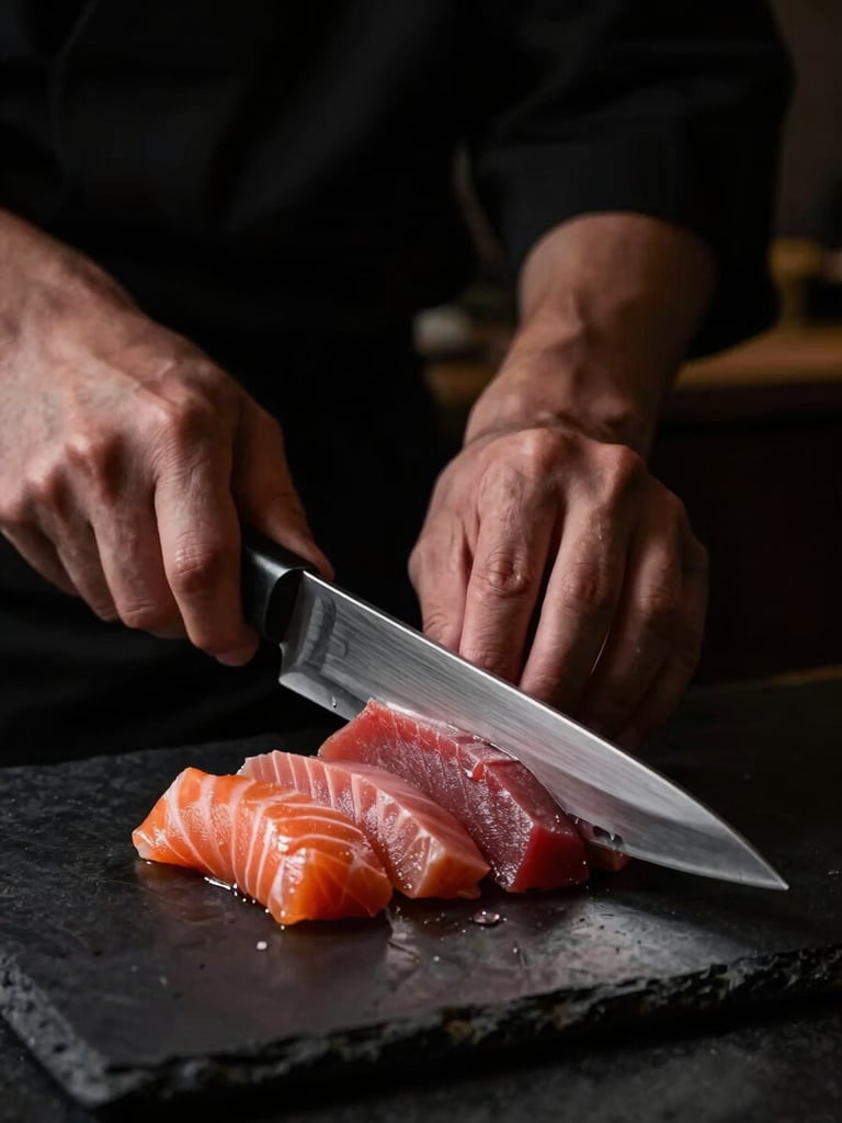 Dramatic close-up of a chef's hands slicing pristine tuna sashimi with a traditional Japanese knife, low-key lighting, charcoal background.